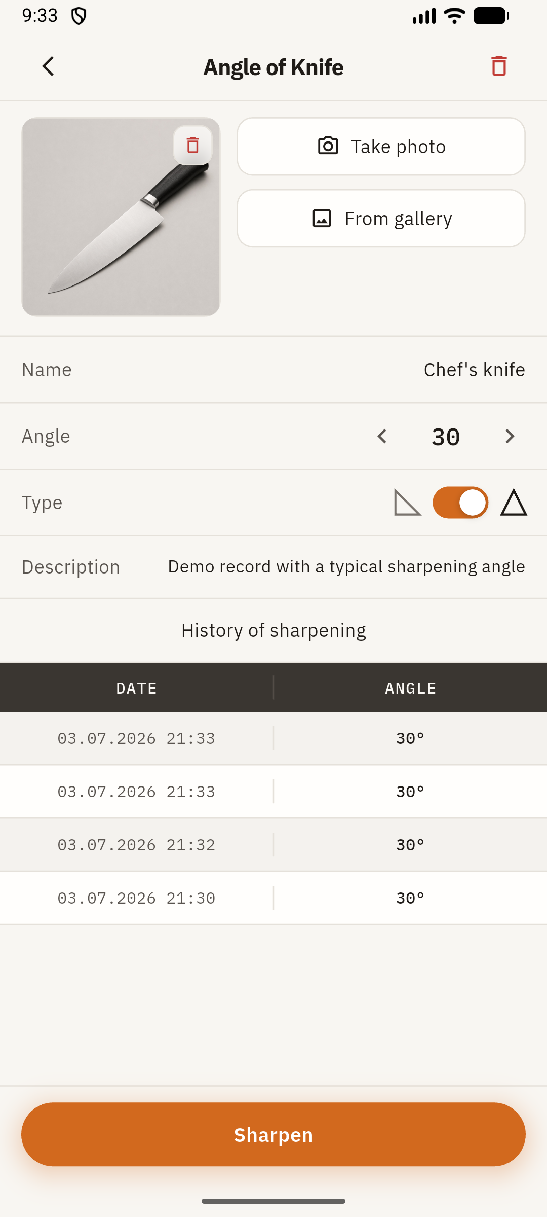 AoK — knife card with angle, photo and history